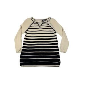 Cynthia Rowley Linen Blend Striped Sweater Top S Black Cream Contrast Stitch